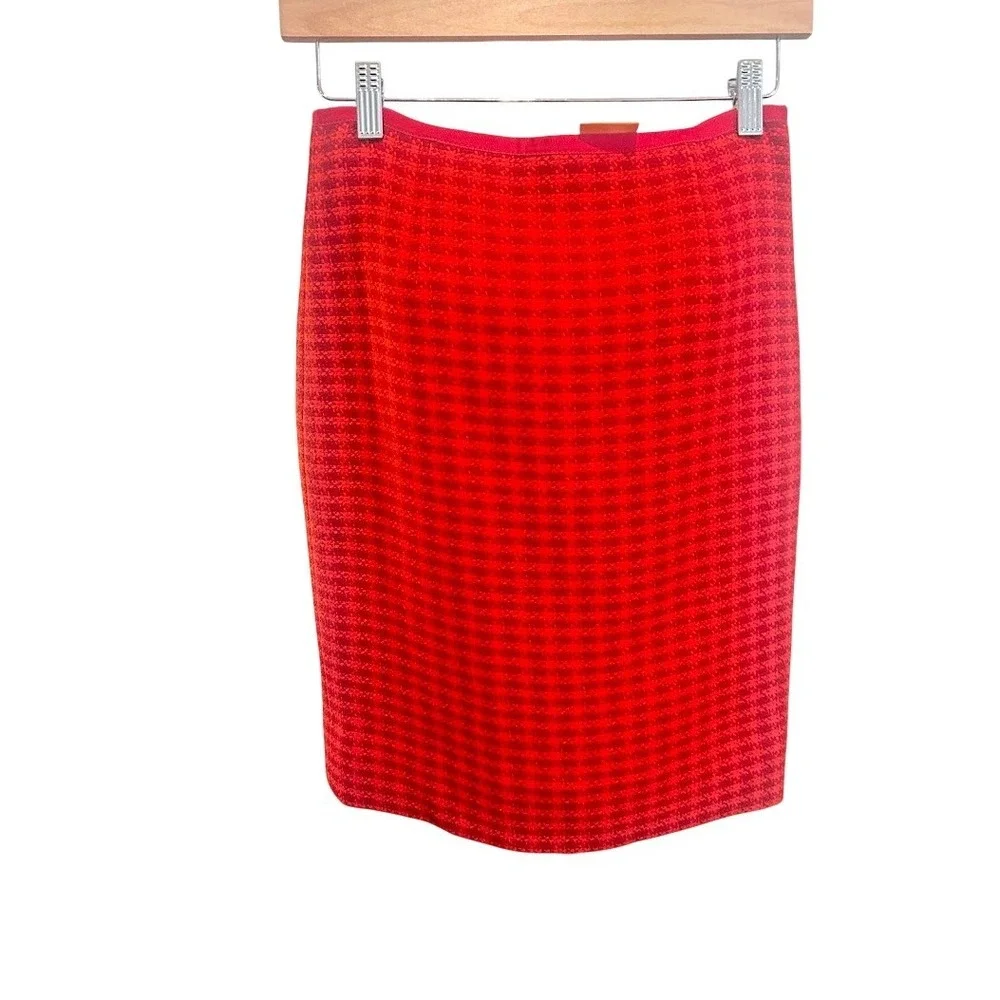 Tory Burch‎ Red Orange Textured Tweed Pencil Skirt Size 0 Gold Logo Zipper